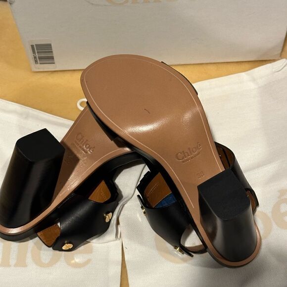 Chloe Black Leather Fringes Block Heel Sandals Size 38 - Picture 5 of 13